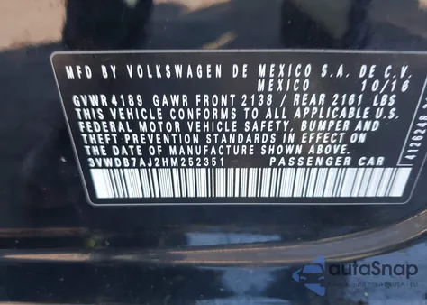 2017 Volkswagen Jetta 1.4T Se z USA, uszkodzony, nr VIN 3VWDB7AJ2HM252351